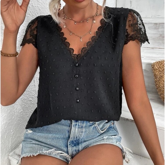 Elegant Sheer Mesh Swiss Dot Floral Lace Top Blouse Shirt Hot Pink - Picture 8 of 13